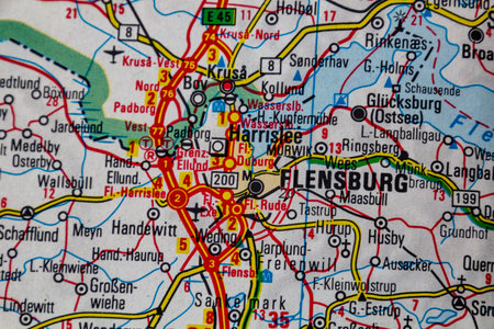 Flensburg, Germany, on a road mapの写真素材