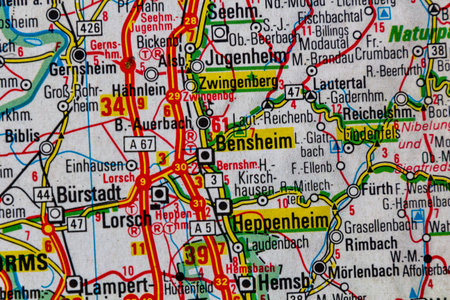 Zwingeberg, Bensheim and Heppenheim, Germany, on a road mapの写真素材