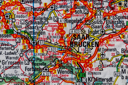 Saarbrucken, Germany, on a road mapの写真素材