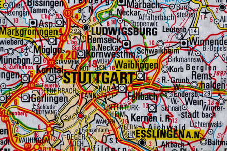 Stuttgart, Germany, on a road mapの写真素材