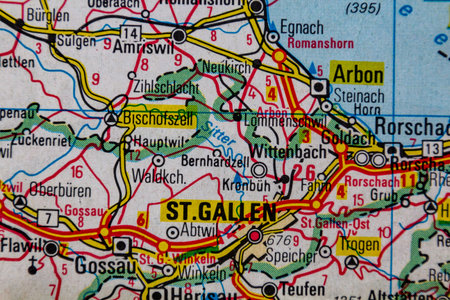 St. Gallen, Switzerland, on a road mapの写真素材