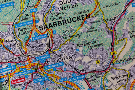 Saarbrucken, Germany, on a road mapの写真素材
