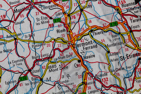 Clermont-Ferrand, France on a road mapの写真素材