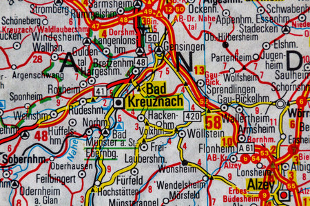 Bad Kreuznach, Germany, on a road mapの写真素材