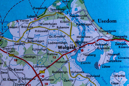 Wolgast, Germany, on a road mapの写真素材