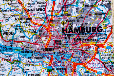 Hamburg, Germany, on a road mapの写真素材