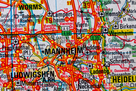 Worms, Ludwingshafen and Mannheim, Germany, on a road mapの写真素材