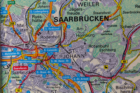 Saarbrucken, Germany, on a road mapの写真素材