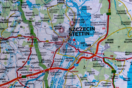 Szczecin, Poland, on a road mapの写真素材