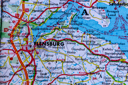 Flensburg, Germany, on a road mapの写真素材