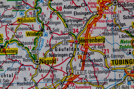 Nagold and Herrenberg, Germany, on a road mapの写真素材