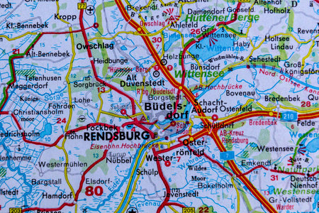 Rendsburg, Germany, on a road mapの写真素材