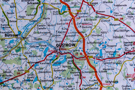 Gustrow, Germany, on a road mapの写真素材