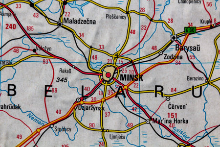 Minsk, Belarus, on a road mapの写真素材