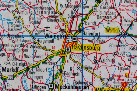 Ravensburg, Germany, on a road map