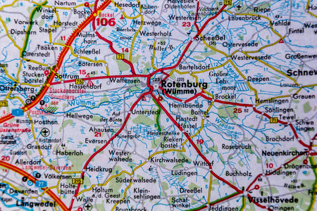 Rotenburg, Germany, on a road mapの写真素材