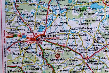 Bautzen and Lobau, Germany, on a road mapの写真素材