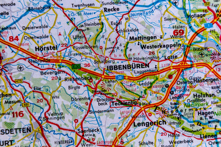 Ibbenburen and Horstel, Germany, on a road mapの写真素材