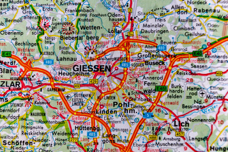 Giessen, Germany, on a road mapの写真素材