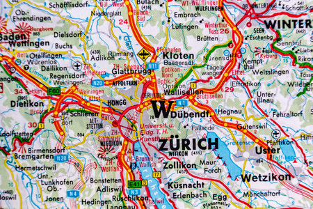 Zurich, Switzerland, on a road mapの写真素材