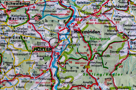 Hoxter and Holzminden, Germany, on a road mapの写真素材