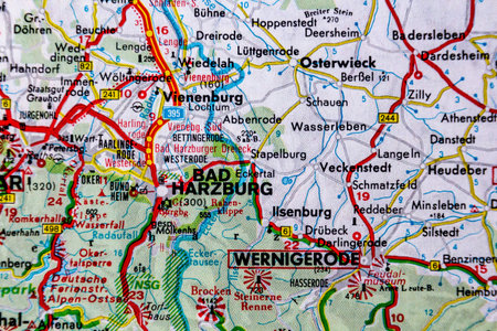 Bad Harzburg and Wernigerode, Germany, on a road mapの写真素材