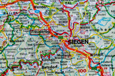 Freudenburg and Siegen, Germany, on a road mapの写真素材