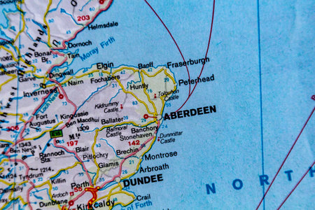 Dundee and Aberdeen, UK, on a road mapの写真素材