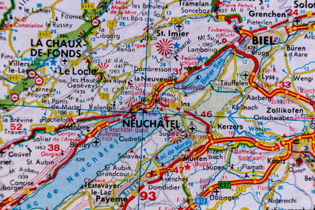 Neuchatel, Switzerland, on a road map