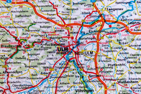 Ulm, Germany, on a road mapの写真素材