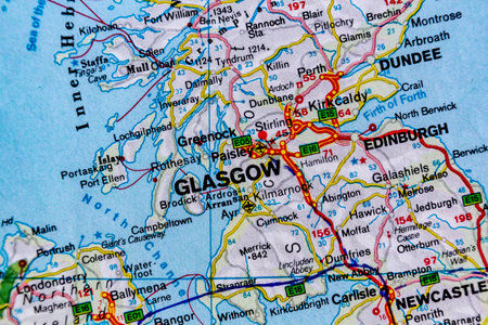 Glasgow and Edinburgh, UK, on a road map