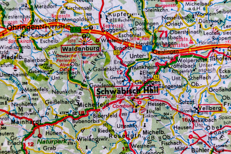 Schwabisch Hall, Germany, on a road map
