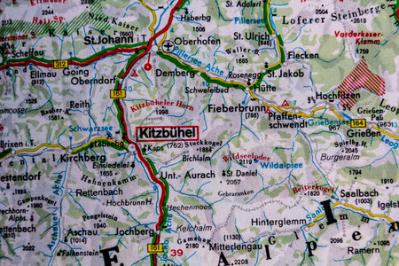 Kitzbuhel, Austria, on a road mapの写真素材