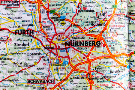 Nurnberg, Germany, on a road mapの写真素材