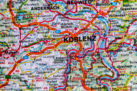 Koblenz, Germany, on a road mapの写真素材