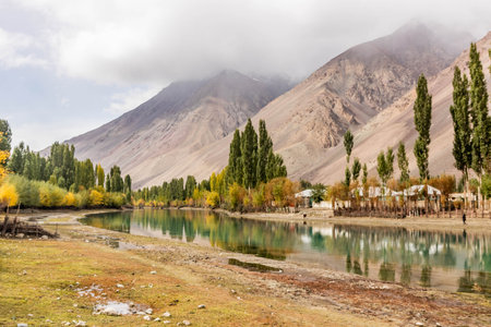 Autumn view of Gilgit river in Phander valley, Pakistanの写真素材