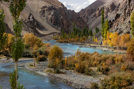 Autumn view of Gilgit river in Phander valley, Pakistanの写真素材