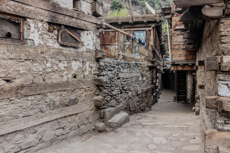 Alley in Brun village in Bumburet valley, Khyber Pakhtunkhwa, Pakistanの写真素材