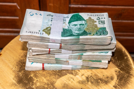 Stacks of 500 Pakistani rupees billsの写真素材
