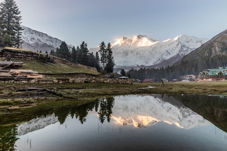 View of Nanga Parbat mountain from Fairy Meadows in the Gilgit-Baltistan region in Pakistanの写真素材