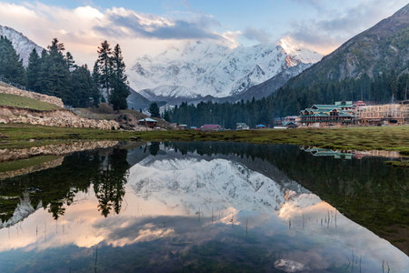 Reflection of Nanga Parbat mountain in Fairy Meadows in Gilgit-Baltistan region in Pakistanの写真素材