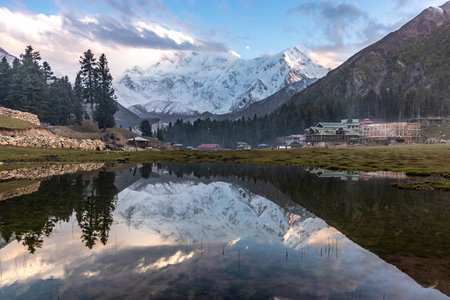 Reflection lake in Fairy Meadows under Nanga Parbat mountain in Gilgit-Baltistan region in Pakistanの写真素材