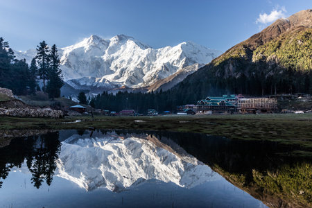 Reflection of Nanga Parbat mountain in Fairy Meadows in Gilgit-Baltistan region in Pakistanの写真素材