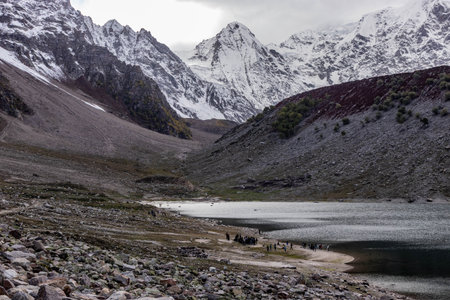 Local students visit Rama lake under Chongra peaks, Gilgit-Baltistan region of Pakistanの写真素材