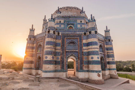 Tomb of Bibi Jawindi in Uch Sharif during sunset, Punjab province, Pakistanの写真素材