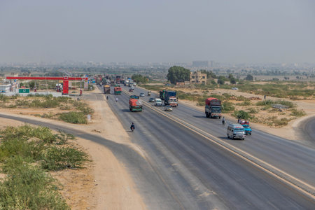 HYDERABAD, PAKISTAN - OCTOBER 31, 2023: M-9 (Karachiâ€“Hyderabad) motorway in Sindh province,...