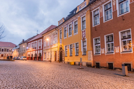 OPOCNO, CZECHIA - DECEMBER 31, 2023: Evening view of Trckovo namesti square in  the old town of Opocno, Czechiaのeditorial素材