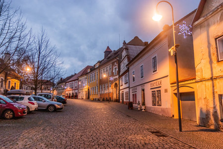 OPOCNO, CZECHIA - DECEMBER 31, 2023: Evening view of Trckovo namesti square in  the old town of Opocno, Czechiaのeditorial素材