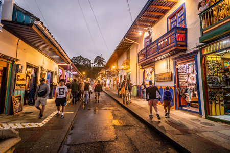 SALENTO, COLOMBIA - FEBRUARY 21, 2024: Evening view of Calle Real (Royal Street) in Salento, Colombia