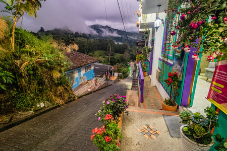 SALENTO, COLOMBIA - FEBRUARY 21, 2024: Evening view of a street in Salento, Colombia